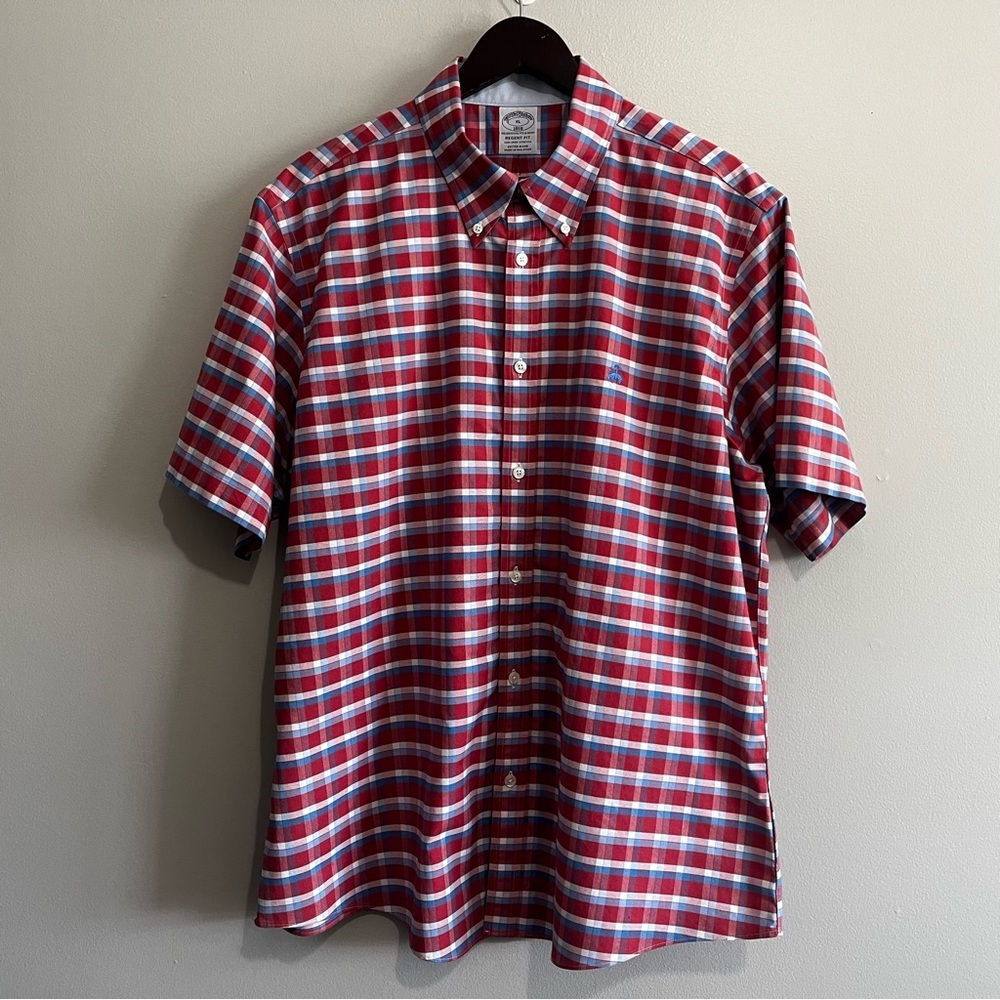 Brooks Brothers Men's XL Red White & Blue Check Plaid Button Down Short Sleeve - Picture 3 of 8